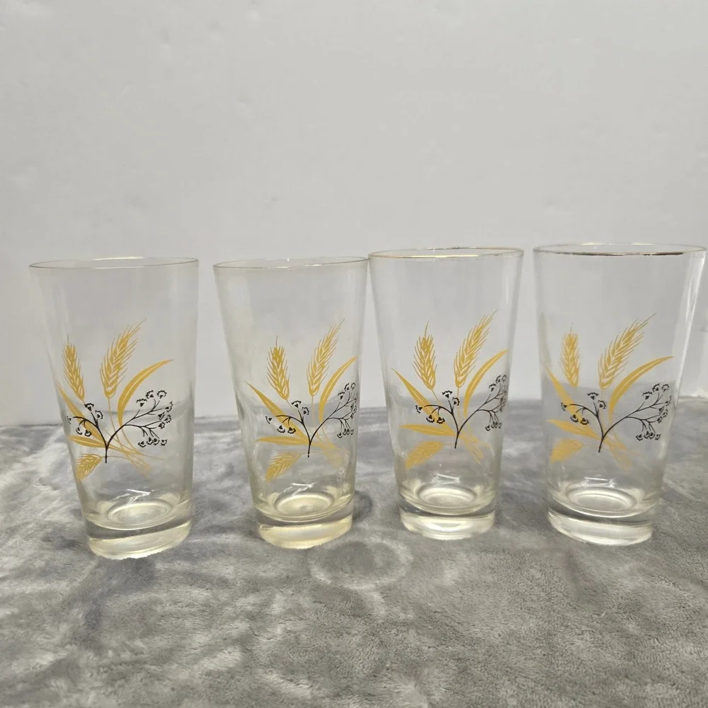 Vintage Golden Wheat Glass Tumblers Set of 4 Gold Rim Mid Century Farmhouse
